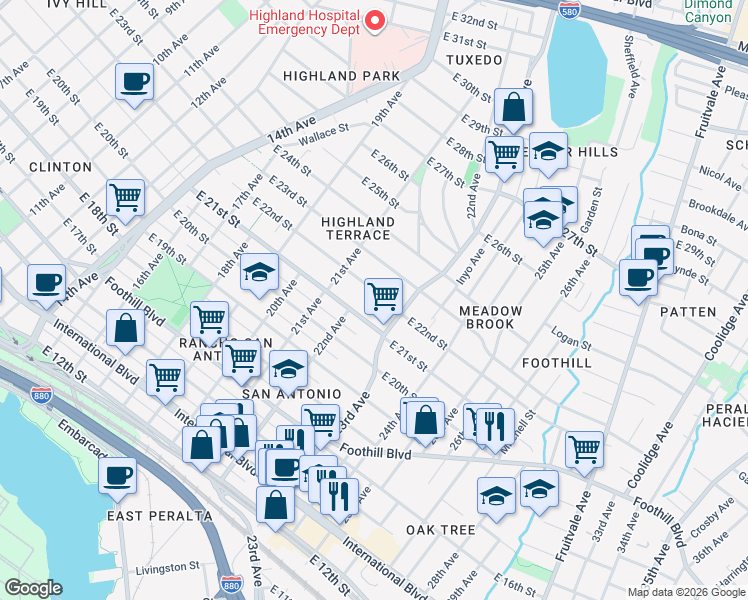 map of restaurants, bars, coffee shops, grocery stores, and more near 2230 East 21st Street in Oakland