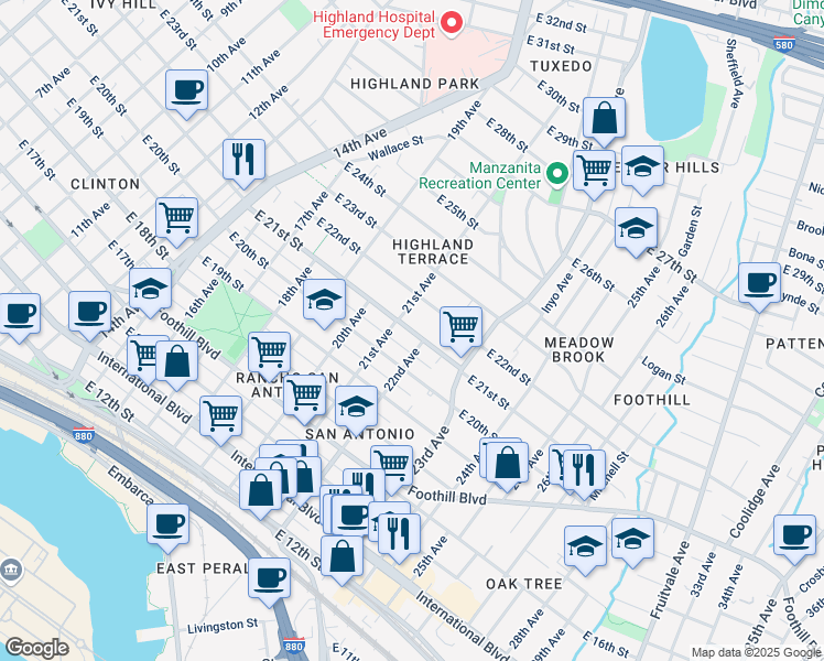 map of restaurants, bars, coffee shops, grocery stores, and more near 2047 22nd Avenue in Oakland