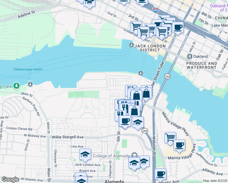 map of restaurants, bars, coffee shops, grocery stores, and more near 436 Itliong Lane in Alameda