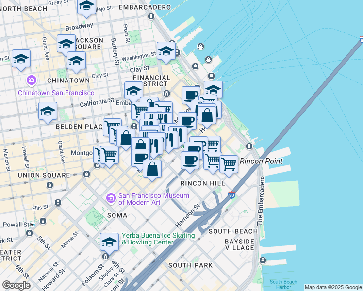 map of restaurants, bars, coffee shops, grocery stores, and more near 400 Howard Street in San Francisco
