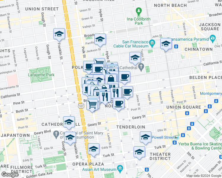 map of restaurants, bars, coffee shops, grocery stores, and more near in San Francisco