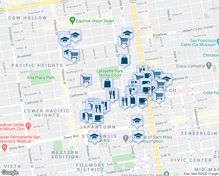 map of restaurants, bars, coffee shops, grocery stores, and more near 1987 California Street in San Francisco
