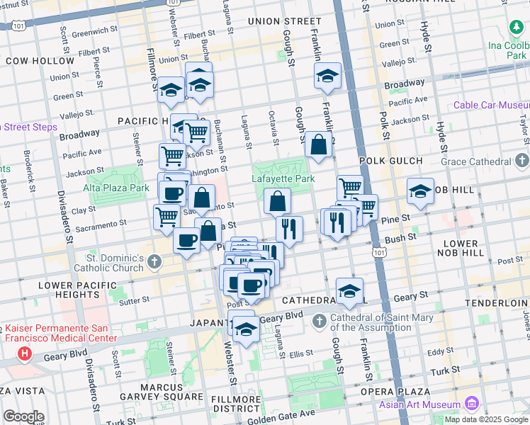 map of restaurants, bars, coffee shops, grocery stores, and more near 2075 California Street in San Francisco