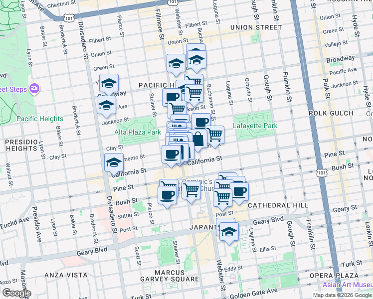 map of restaurants, bars, coffee shops, grocery stores, and more near in San Francisco