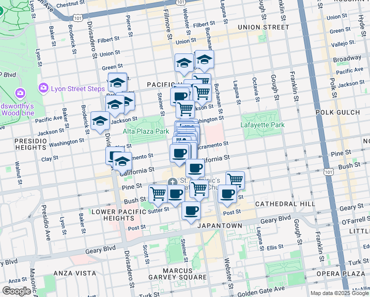 map of restaurants, bars, coffee shops, grocery stores, and more near 2507 Sacramento Street in San Francisco