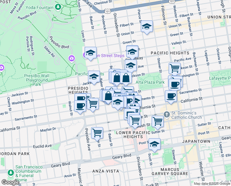 map of restaurants, bars, coffee shops, grocery stores, and more near 2971 Clay Street in San Francisco