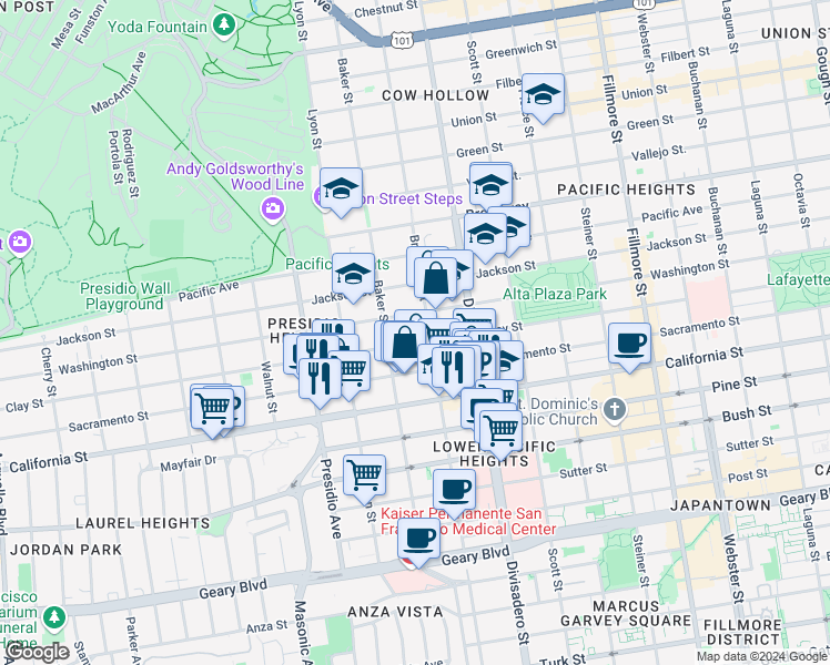 map of restaurants, bars, coffee shops, grocery stores, and more near 3065a Clay Street in San Francisco