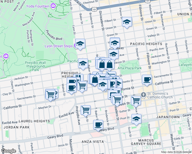 map of restaurants, bars, coffee shops, grocery stores, and more near 3065a Clay Street in San Francisco