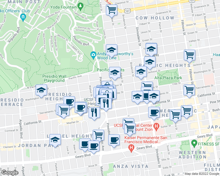 map of restaurants, bars, coffee shops, grocery stores, and more near 3234 Clay Street in San Francisco