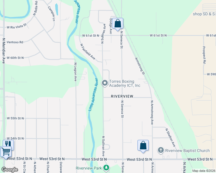 map of restaurants, bars, coffee shops, grocery stores, and more near 1212 W 57th Street North in Wichita