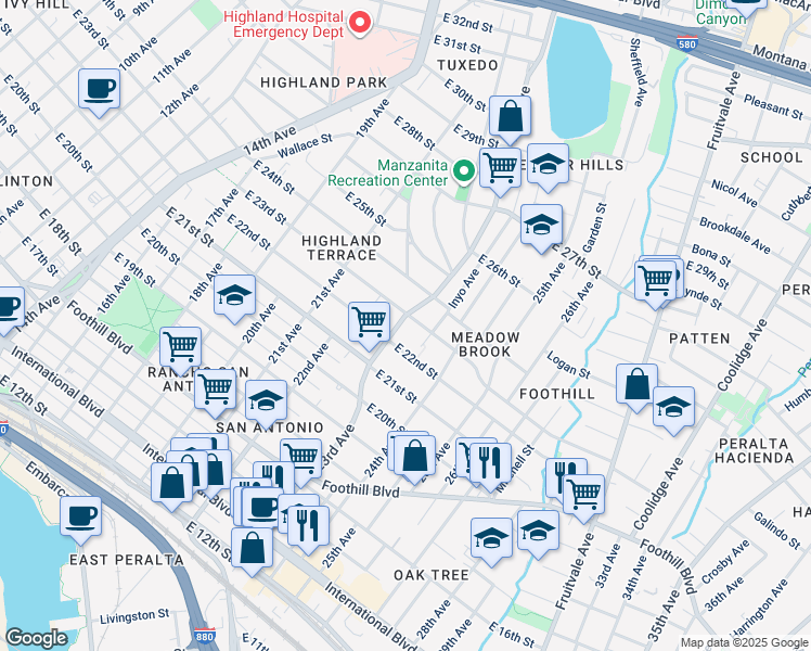 map of restaurants, bars, coffee shops, grocery stores, and more near 2230 23rd Avenue in Oakland