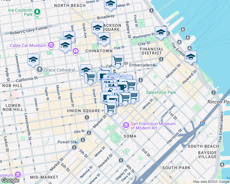 map of restaurants, bars, coffee shops, grocery stores, and more near 111 Sutter Street in San Francisco
