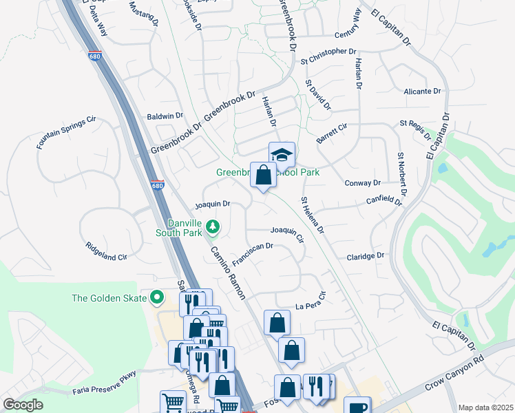 map of restaurants, bars, coffee shops, grocery stores, and more near 16 Marques Court in Danville