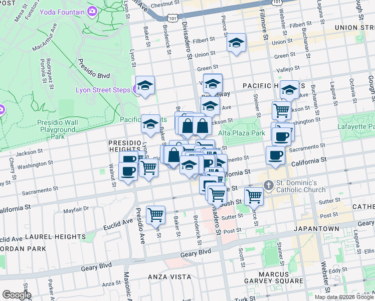 map of restaurants, bars, coffee shops, grocery stores, and more near 2971 Clay Street in San Francisco