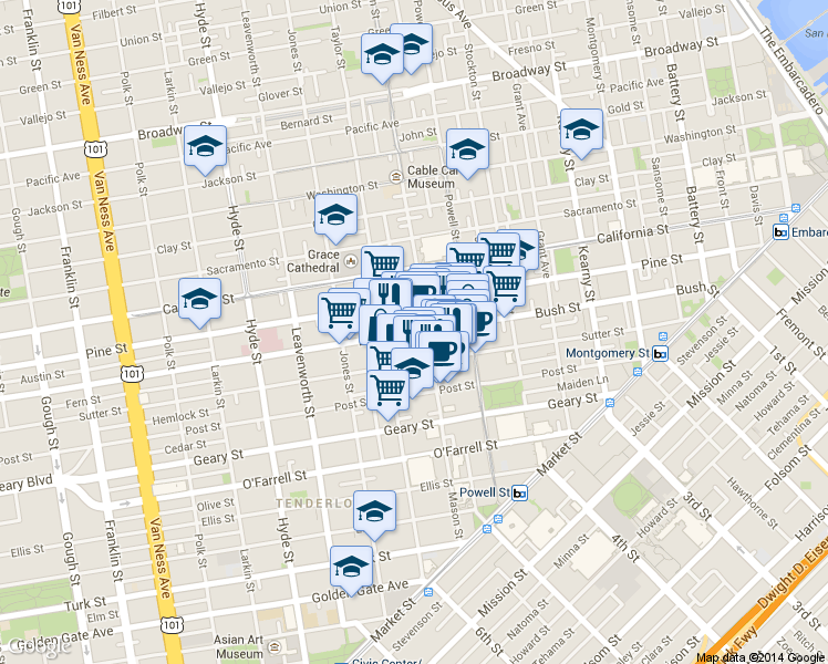 map of restaurants, bars, coffee shops, grocery stores, and more near 825 Bush St in San Francisco