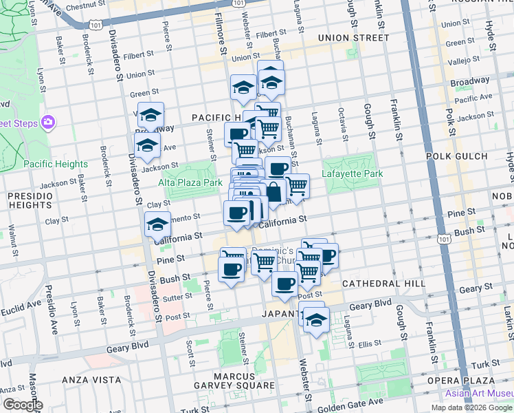 map of restaurants, bars, coffee shops, grocery stores, and more near 2470 Sacramento Street in San Francisco