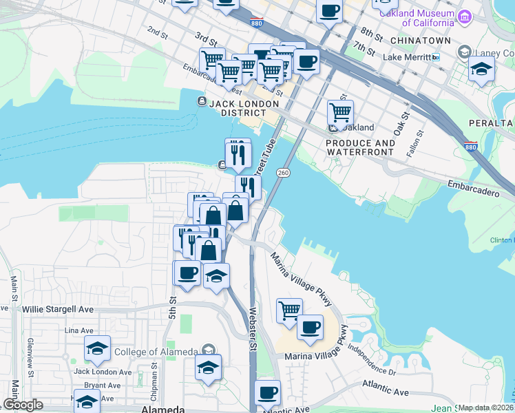 map of restaurants, bars, coffee shops, grocery stores, and more near 2394 Mariner Square Drive in Alameda
