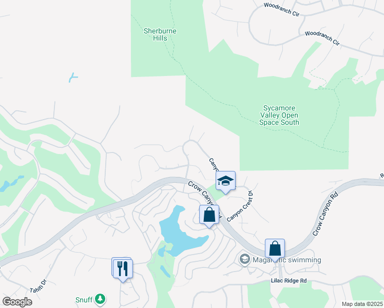 map of restaurants, bars, coffee shops, grocery stores, and more near 48 Canyon Crest Court in San Ramon