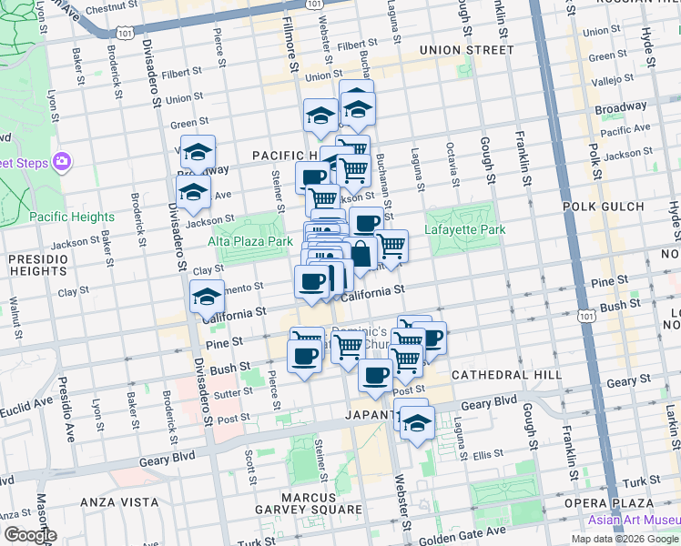 map of restaurants, bars, coffee shops, grocery stores, and more near 2466 Sacramento Street in San Francisco