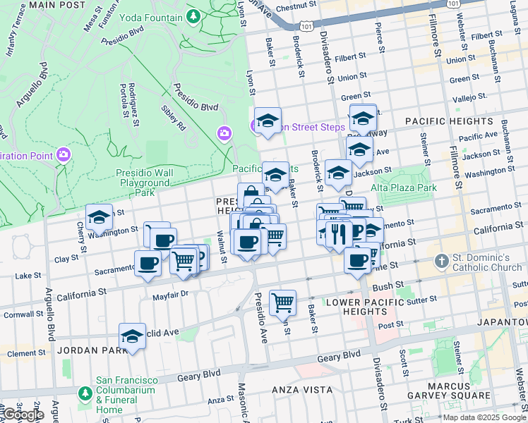 map of restaurants, bars, coffee shops, grocery stores, and more near 3234 Clay Street in San Francisco