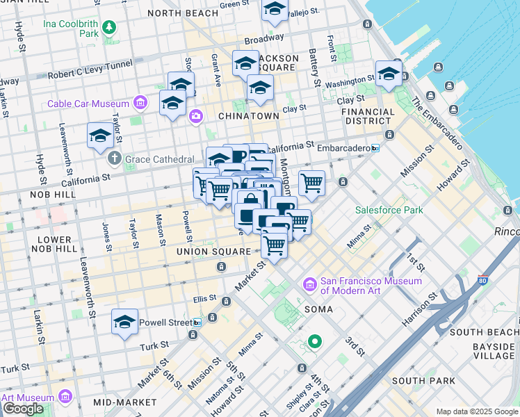 map of restaurants, bars, coffee shops, grocery stores, and more near 255 Sutter Street in San Francisco