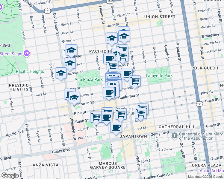 map of restaurants, bars, coffee shops, grocery stores, and more near in San Francisco
