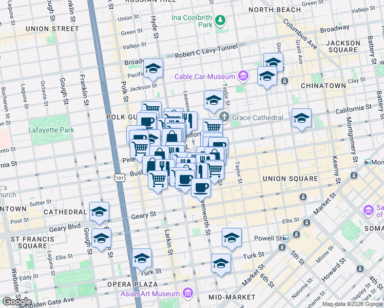 map of restaurants, bars, coffee shops, grocery stores, and more near 900 Hyde Street in San Francisco
