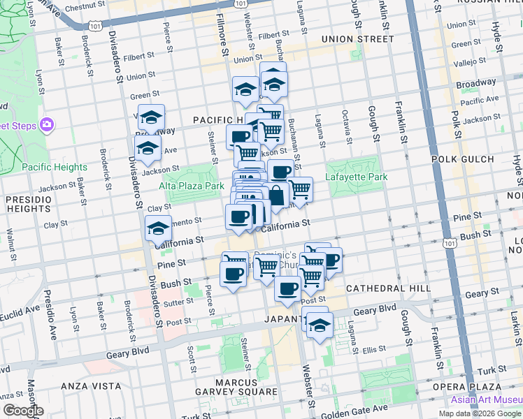 map of restaurants, bars, coffee shops, grocery stores, and more near 2462 Sacramento Street in San Francisco