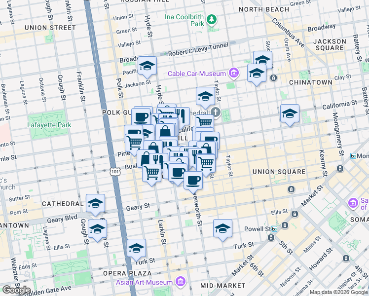 map of restaurants, bars, coffee shops, grocery stores, and more near 900 Hyde Street in San Francisco
