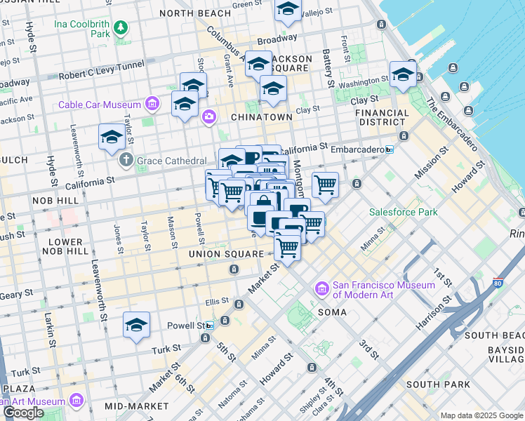 map of restaurants, bars, coffee shops, grocery stores, and more near 255 Sutter Street in San Francisco