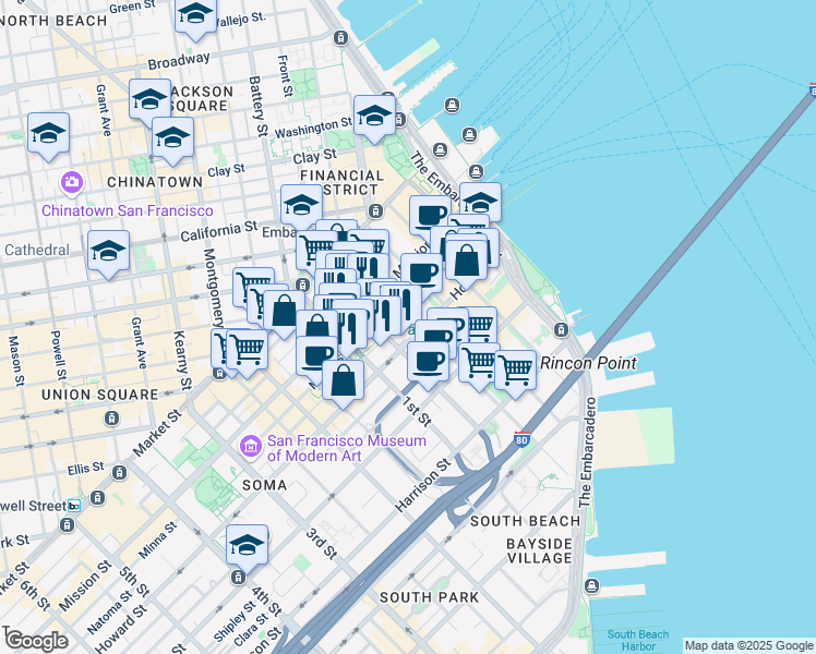 map of restaurants, bars, coffee shops, grocery stores, and more near 199 Fremont Street in San Francisco