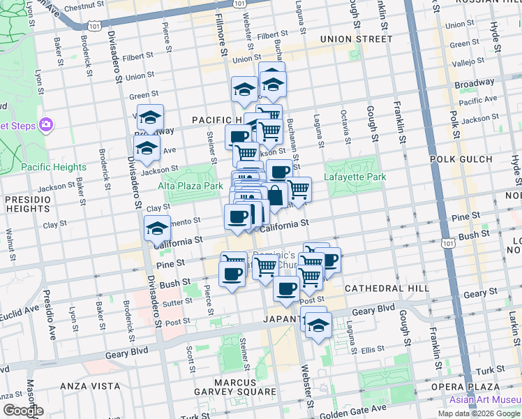 map of restaurants, bars, coffee shops, grocery stores, and more near 2458 Sacramento Street in San Francisco