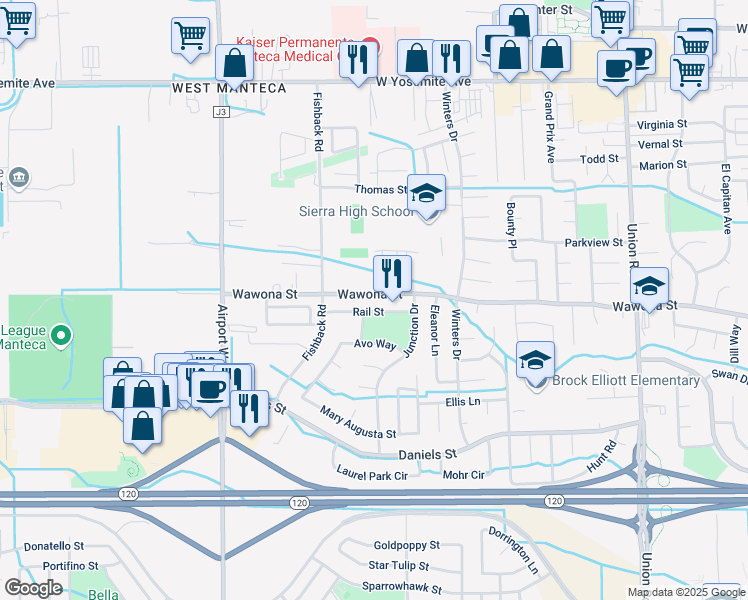 map of restaurants, bars, coffee shops, grocery stores, and more near 1774 Wawona Street in Manteca