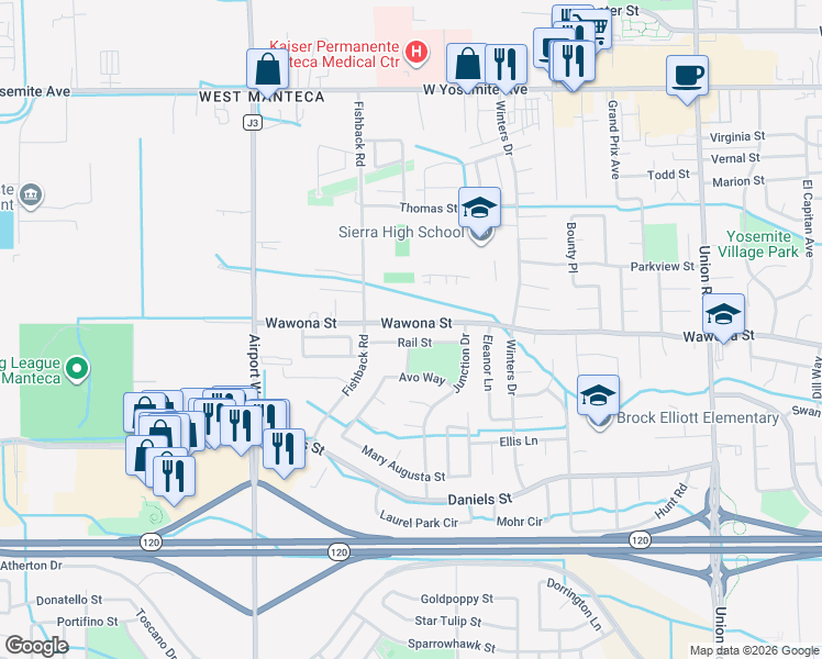 map of restaurants, bars, coffee shops, grocery stores, and more near 1824 Rail Street in Manteca