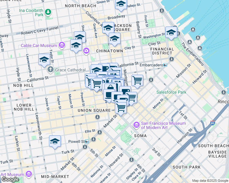 map of restaurants, bars, coffee shops, grocery stores, and more near 255 Sutter Street in San Francisco