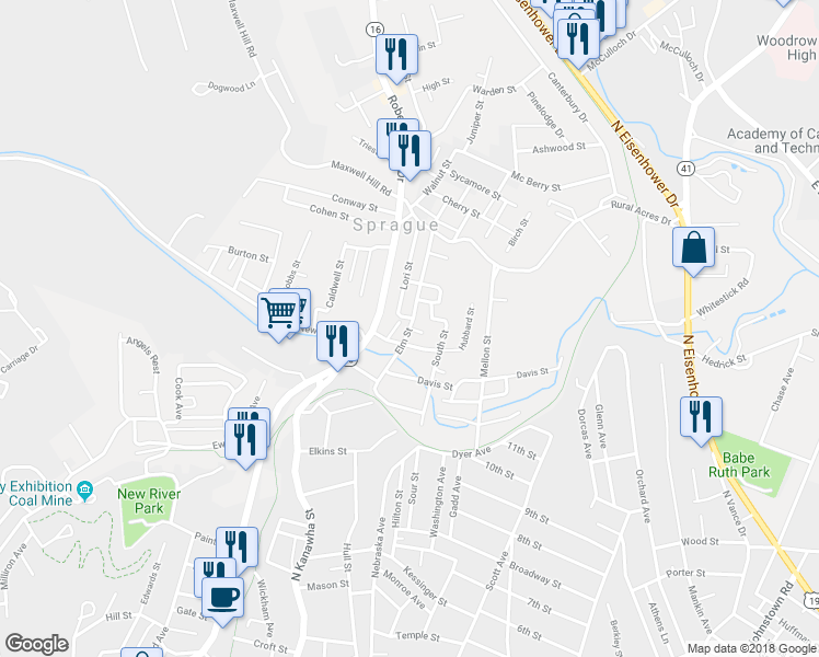 map of restaurants, bars, coffee shops, grocery stores, and more near 304 Elm Street in Beckley