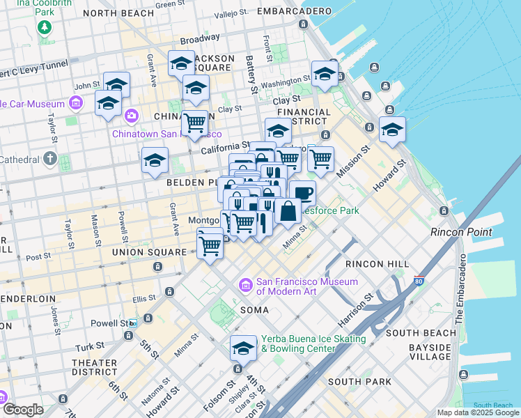 map of restaurants, bars, coffee shops, grocery stores, and more near 555 Market Street in San Francisco