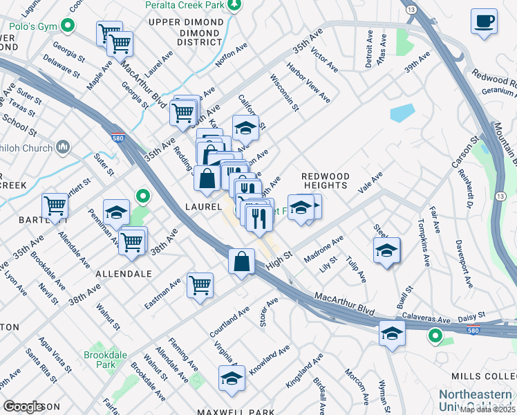 map of restaurants, bars, coffee shops, grocery stores, and more near 3654 39th Avenue in Oakland