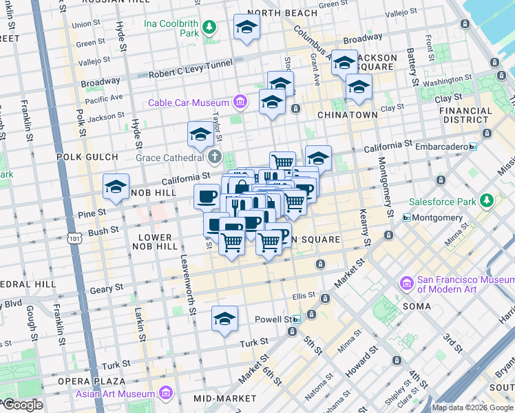 map of restaurants, bars, coffee shops, grocery stores, and more near Bush St & Mason St in San Francisco
