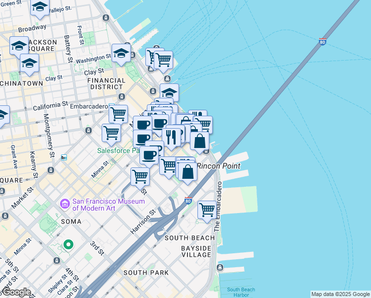 map of restaurants, bars, coffee shops, grocery stores, and more near 345 Spear Street in San Francisco