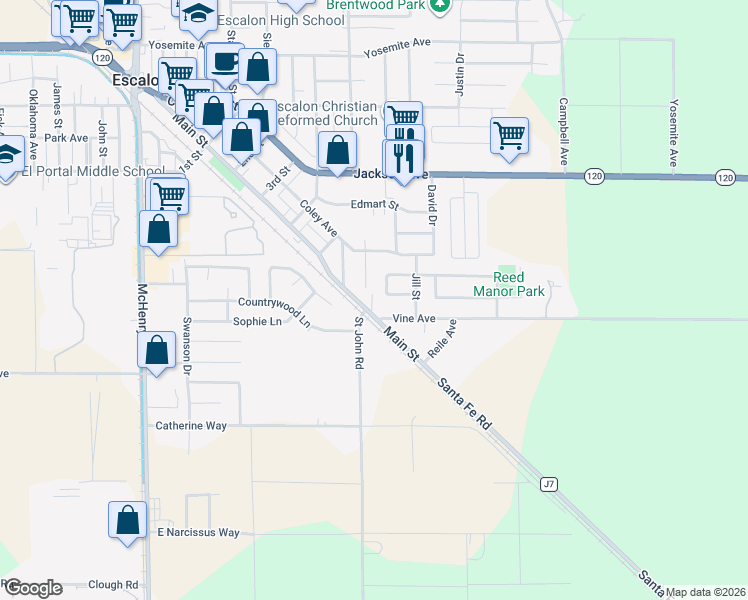map of restaurants, bars, coffee shops, grocery stores, and more near 2272 Main Street in Escalon