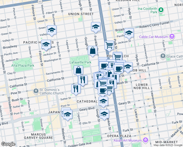 map of restaurants, bars, coffee shops, grocery stores, and more near 1735 Gough Street in San Francisco