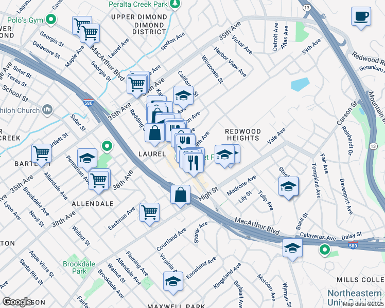 map of restaurants, bars, coffee shops, grocery stores, and more near 3654 39th Avenue in Oakland