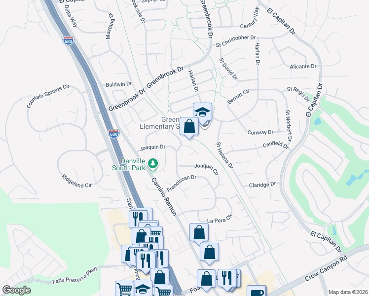 map of restaurants, bars, coffee shops, grocery stores, and more near 16 Marques Court in Danville