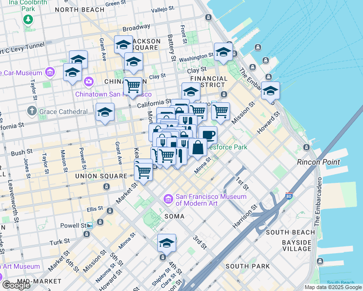 map of restaurants, bars, coffee shops, grocery stores, and more near 555 Market Street in San Francisco