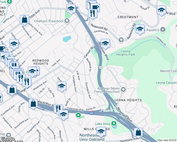 map of restaurants, bars, coffee shops, grocery stores, and more near 4765 Kaphan Avenue in Oakland