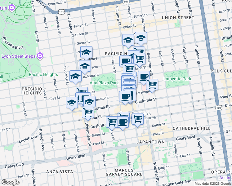map of restaurants, bars, coffee shops, grocery stores, and more near 2605 Sacramento Street in San Francisco