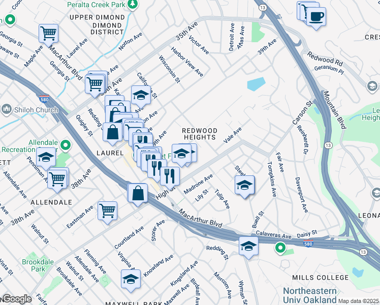 map of restaurants, bars, coffee shops, grocery stores, and more near 3800 Maybelle Avenue in Oakland