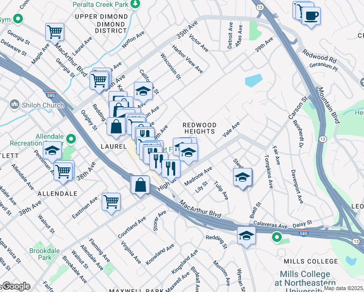map of restaurants, bars, coffee shops, grocery stores, and more near 3800 Maybelle Avenue in Oakland