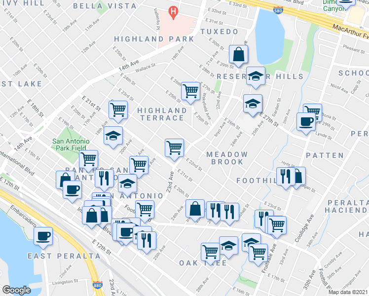 map of restaurants, bars, coffee shops, grocery stores, and more near 2206 23rd Avenue in Oakland